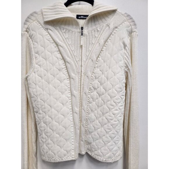 Effeci Womens Sweater Jacket Size Large Ivory Zip Up Front Long Sleeve Quilted - Picture 1 of 8